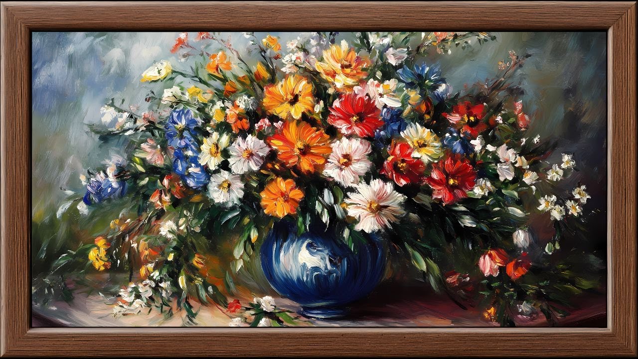 Spring Bouquet Renoir Inspired | Impressionist Floral Painting In a blue vase | 4K Frame TV Art