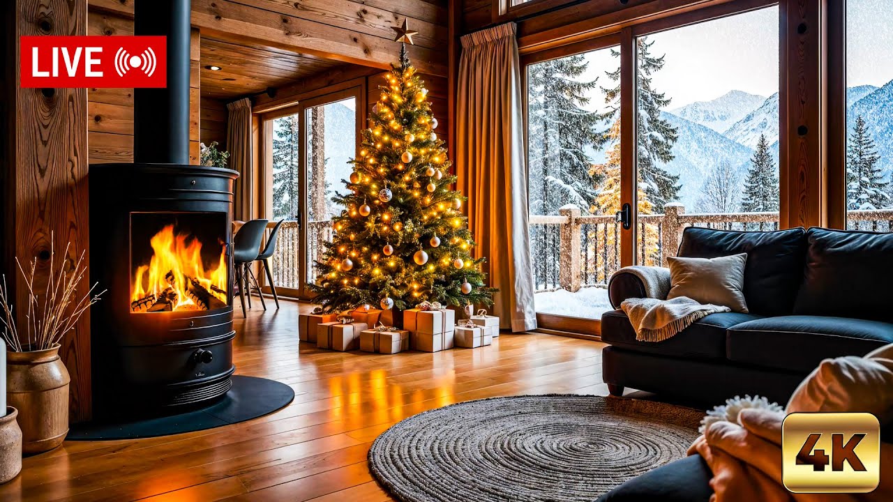 Cozy Winter Snowy Cabin: Soft Fireplace Crackles & Frozen Forest View and Mountains❄️