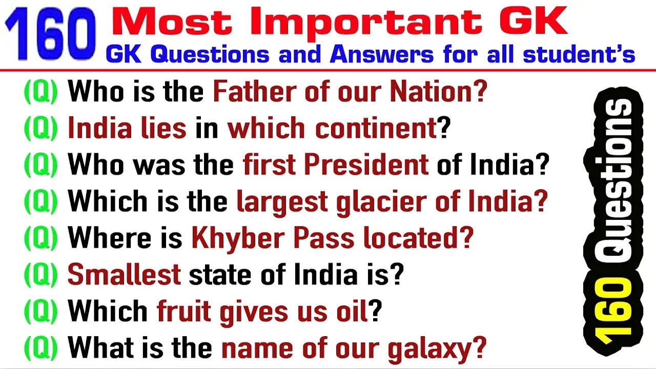 Most Important 160 GK Questions and Answers for all student&rsquo;s in English GK | India GK | GK Quiz