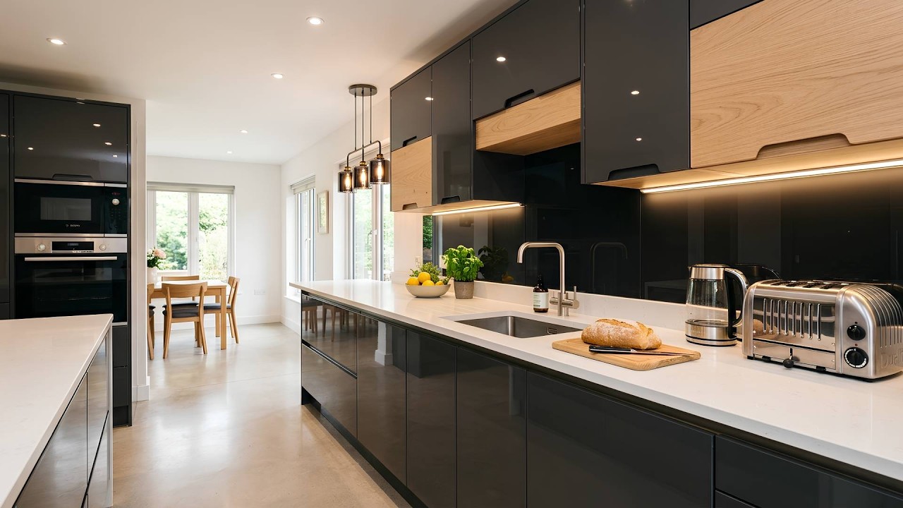 Modern Sleek Kitchen With Quartz Countertops, Stainless Appliances And Dining Area In Bright Open Pl