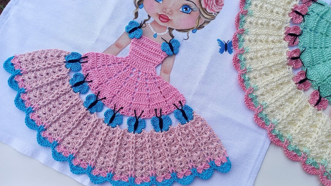 VESTIDO DE CROCHÊ PARA BONECA PINTADA NO PANO DE PRATO - BORBOLETAS 🦋