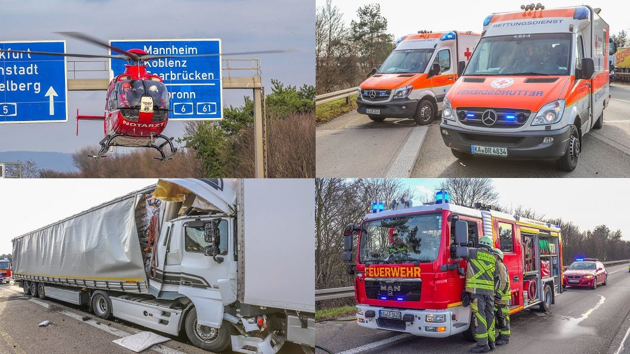 A5: SCHWERER LKW-UNFALL - [FÜHRERHAUS MASSIV EINGEDRÜCKT] - FEUERWEHR & RETTUNG & RTH im EINSATZ