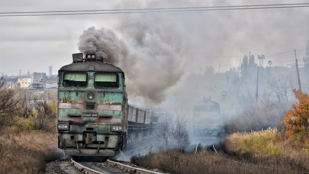2ТЕ10М-2014 з вантажним поїздом слідує по перегону 