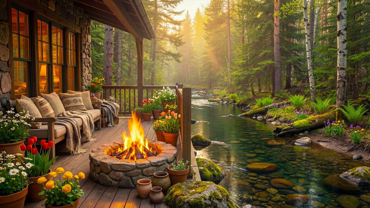 Calm Spring Forest Riverside Cabin Porch 🔥🌲 Crackling Fire Pit, Birdsong & Gentle Water for Sleep