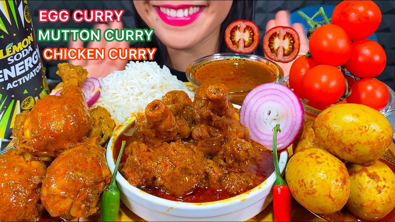 ASMR SPICY MUTTON CURRY, CHICKEN CURRY, EGG CURRY, CHILI, RICE MASSIVE Eating Sounds