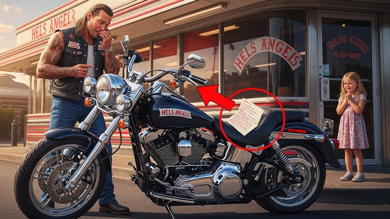 Ein kleines Mädchen hinterlässt eine Nachricht auf einem Hells Angels Bike