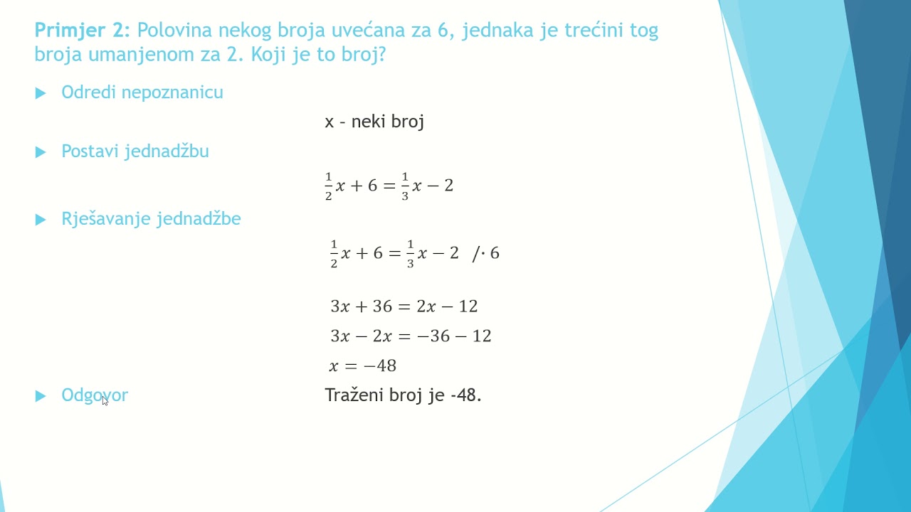Primjena linearne jednadžbe s jednom nepoznanicom - 1. dio