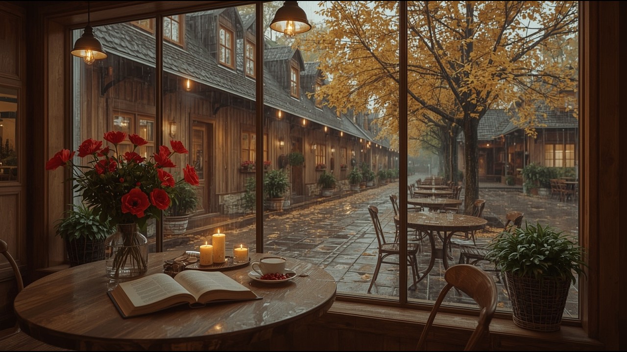 Cozy Jazz Coffee Shop & Heavy Street Rainy ☕ Rain Sounds & Crackling Fireplace for Work,Focus