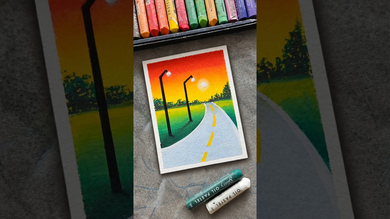 Easy Sunset Road Scenery Drawing with Oil Pastels | Step-by-Step Tutorial
