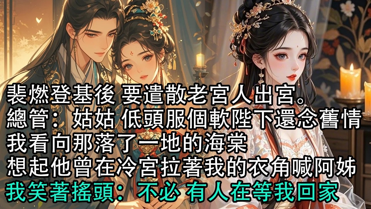 【一口氣看完】裴燃登基後 要遣散老宮人出宮。總管：姑姑 低頭服個軟陛下還念舊情，我看向那落了一地的海棠，想起他曾在冷宮拉著我的衣角喊阿姊，我笑著搖頭：不必 有人在等我回家#古言 #有聲小說 #情感故事