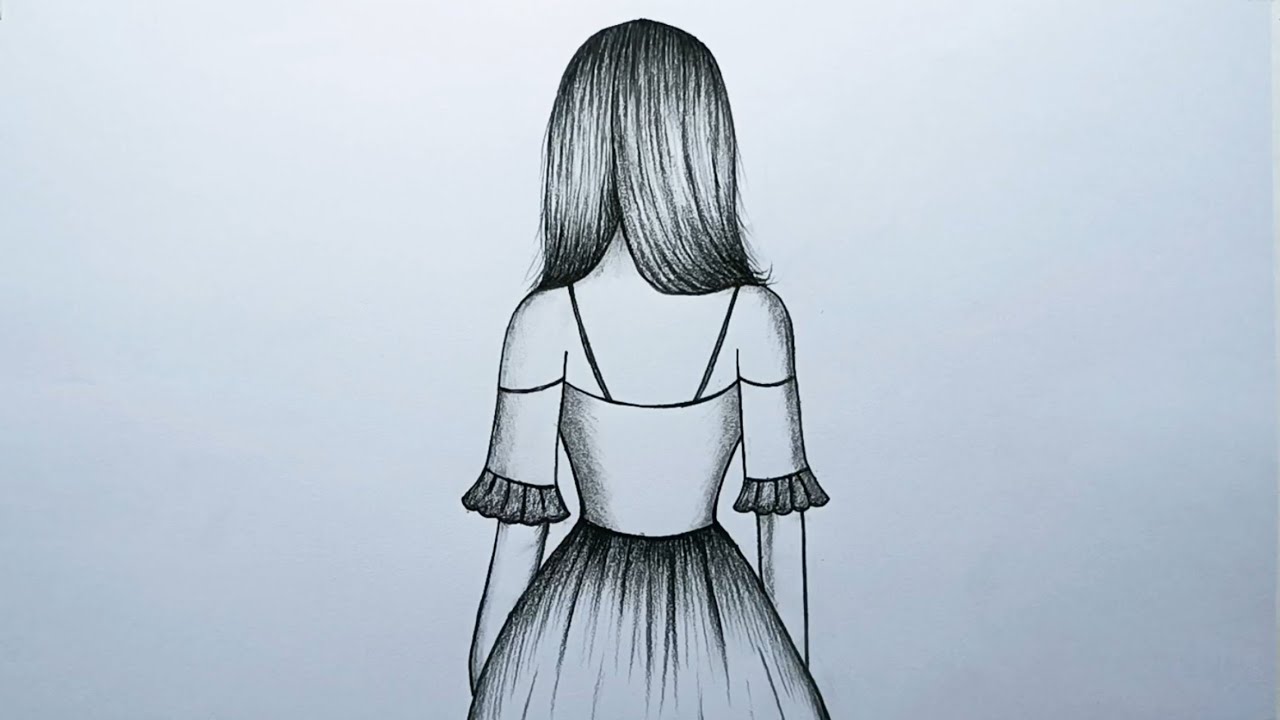 How to draw a girl with pencil | Girl Drawing with Beautiful Dress | Girls back side drawing |
