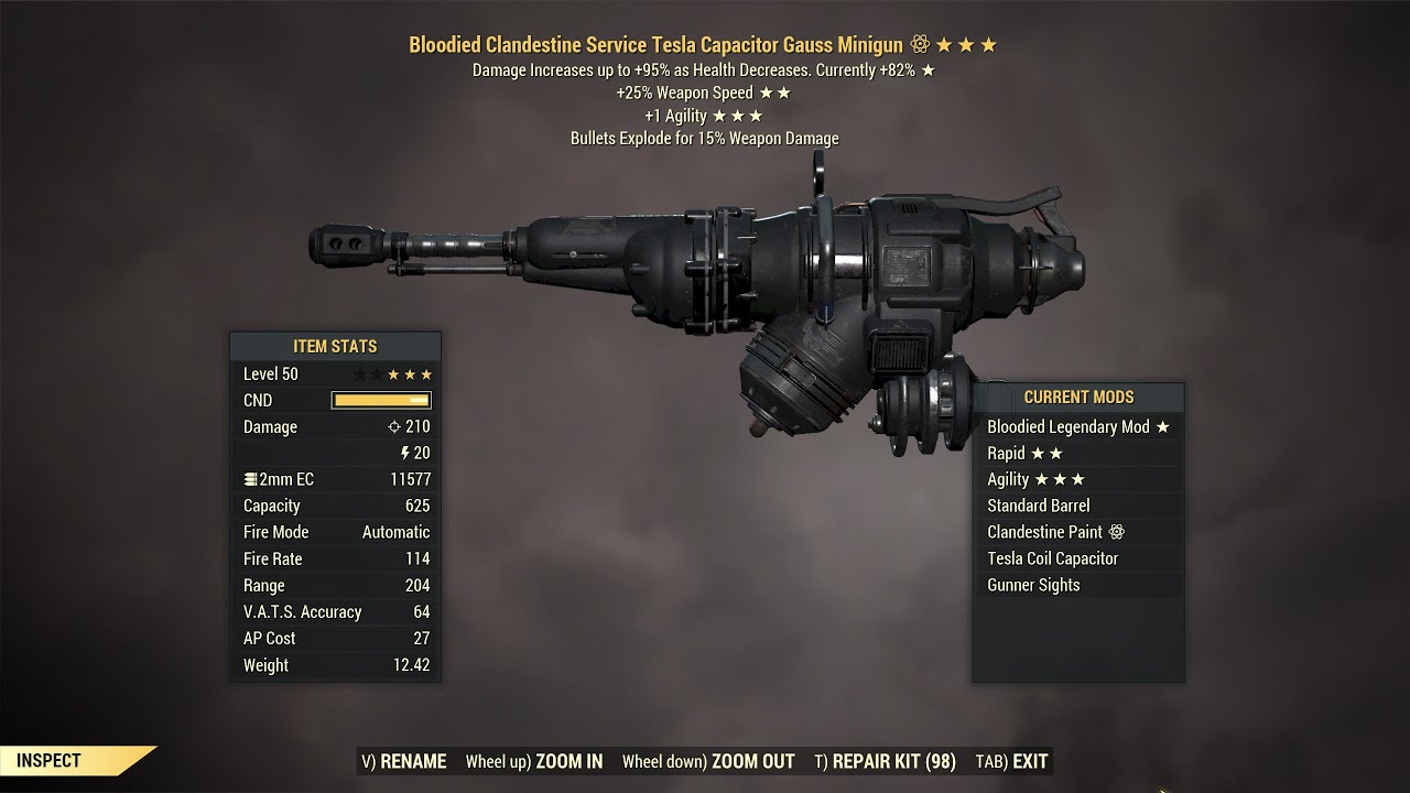 Fallout 76: Gauss Miniguns - TS, Bloodied & Quad.