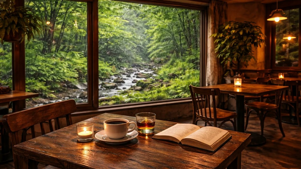 Cozy Forest Cabin Rain Ambience ☕ Smooth Jazz Music for Relaxing & Calm Vibes