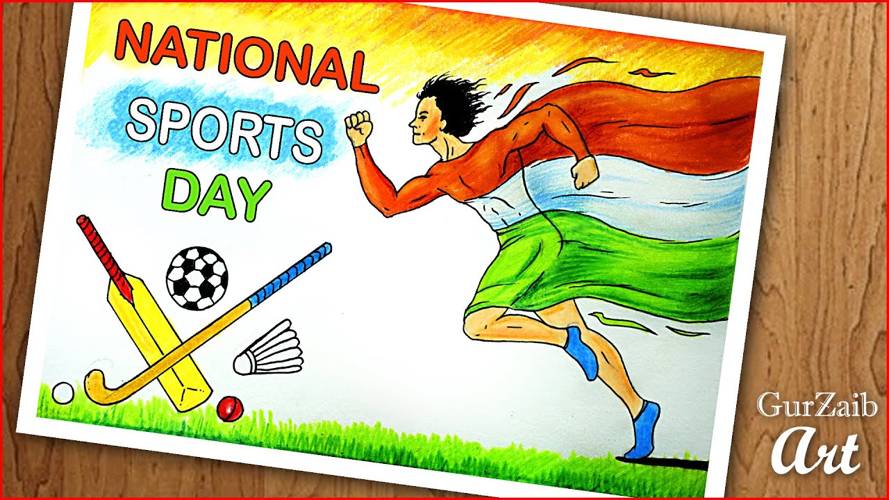 National Sports Day drawing || poster making on sports day India - step by step
