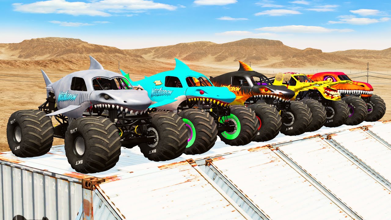 Big Monster Trucks Transport Triple Flatbed with Color Slide#