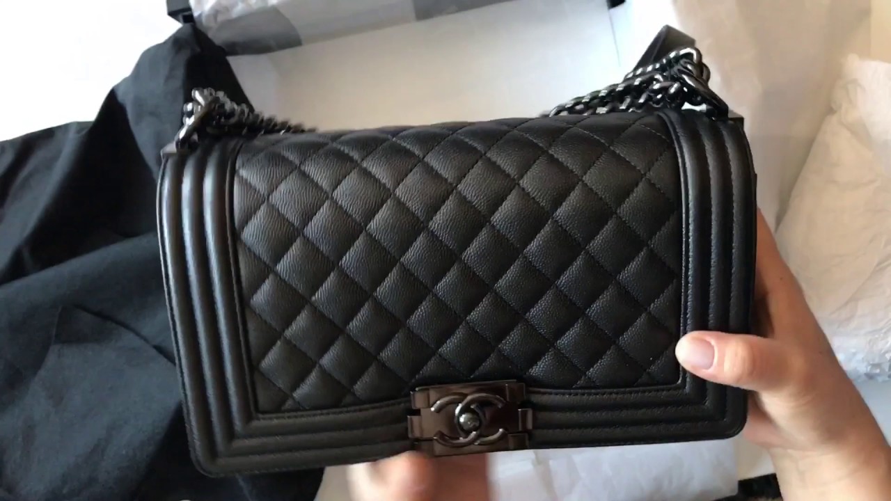 Unboxing and review Chanel SO BLACK Boy Bag old medium black lambskin caviar