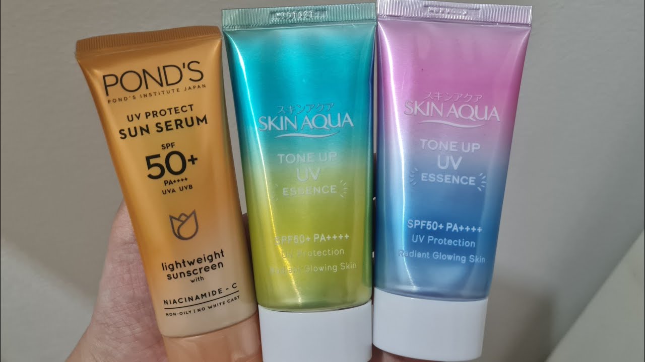 Sunscreen Swatches (Ponds UV Sun Serum, Skin Aqua Toneup UV Essence Mint Green & Lavender)