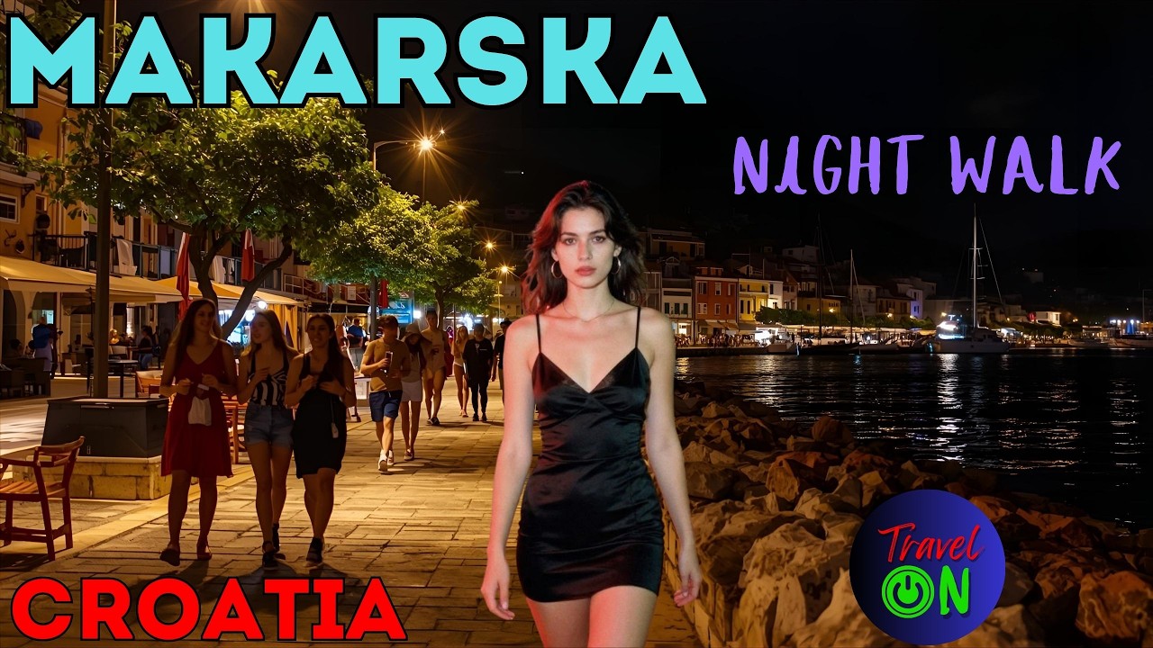 Walk along the evening embankment and night Makarska. Croatia at night in 4K