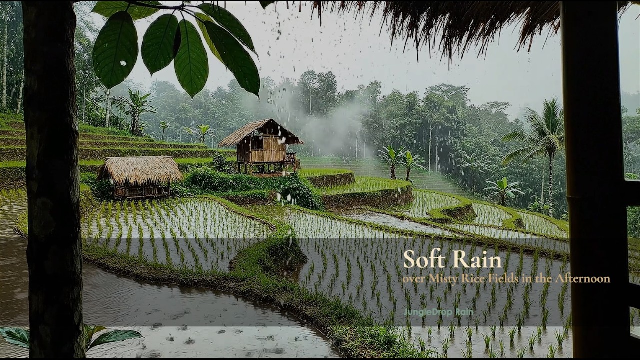 🌧️ Cinematic Rain in Rice Fields | Peaceful Stream & Misty Tropical Nature Ambience