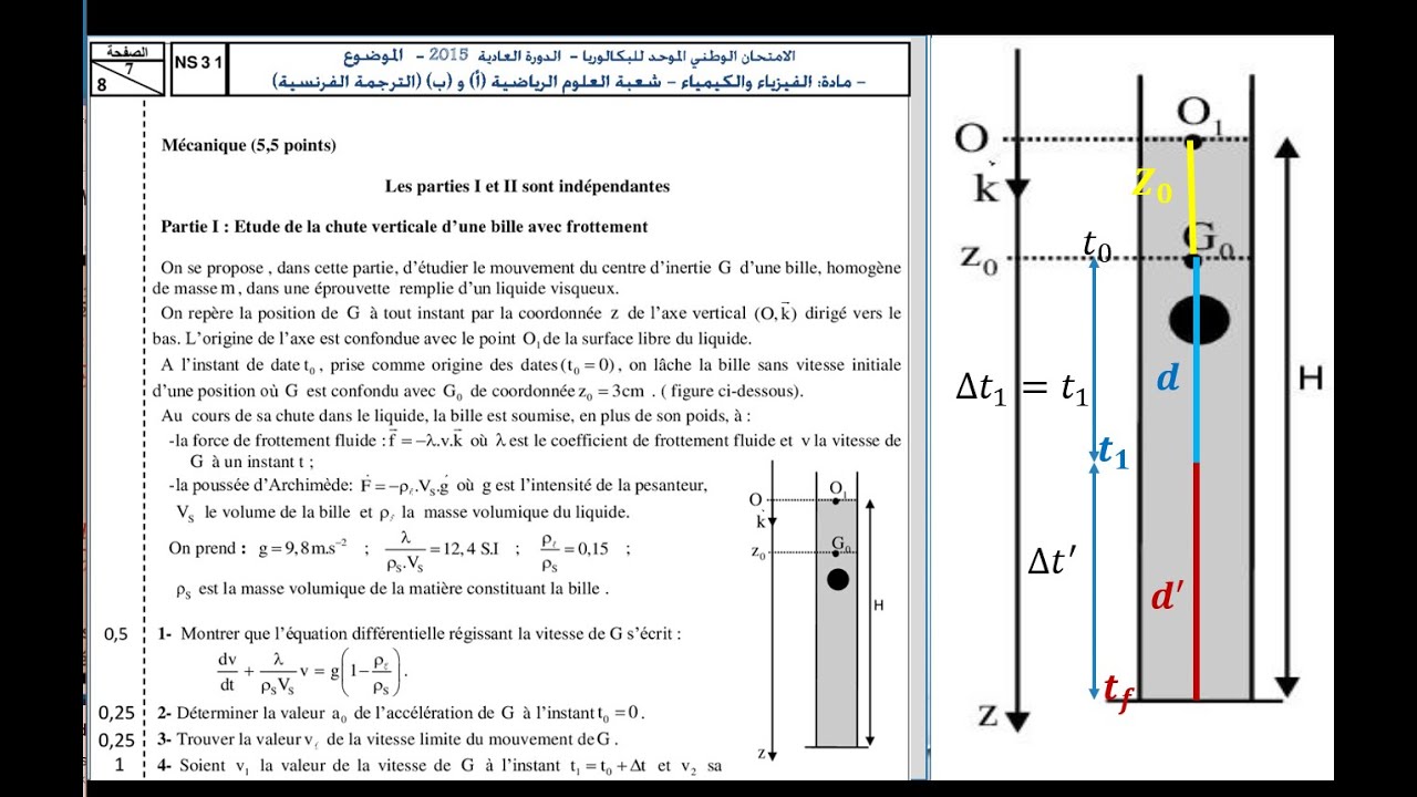 Exercice de mécanique 2 bac la chute verticale avec frottement exam 2015 SM