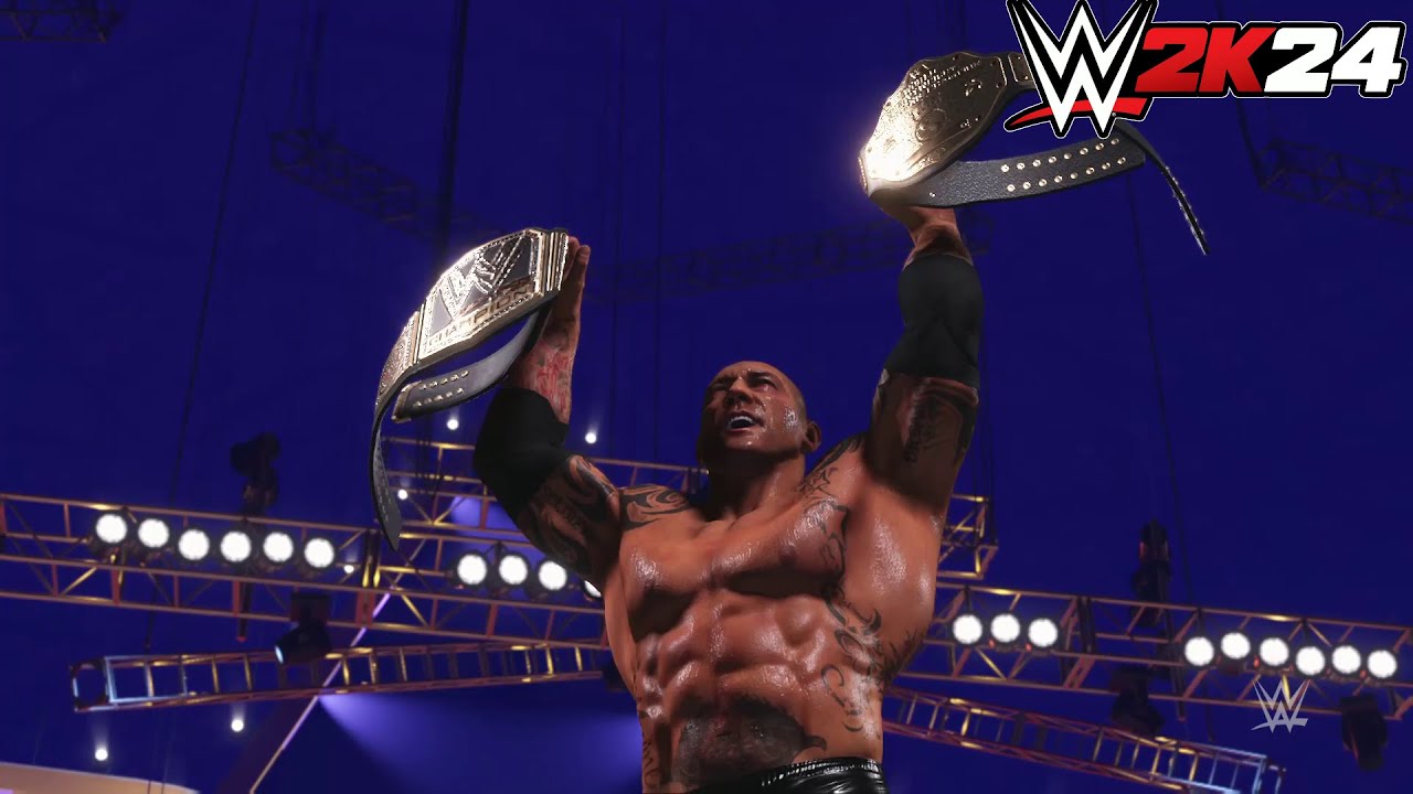 WWE2K24 What IF- Batista vs Randy Orton vs Triple H WWE World Heavyweight Title Wrestlemania 30