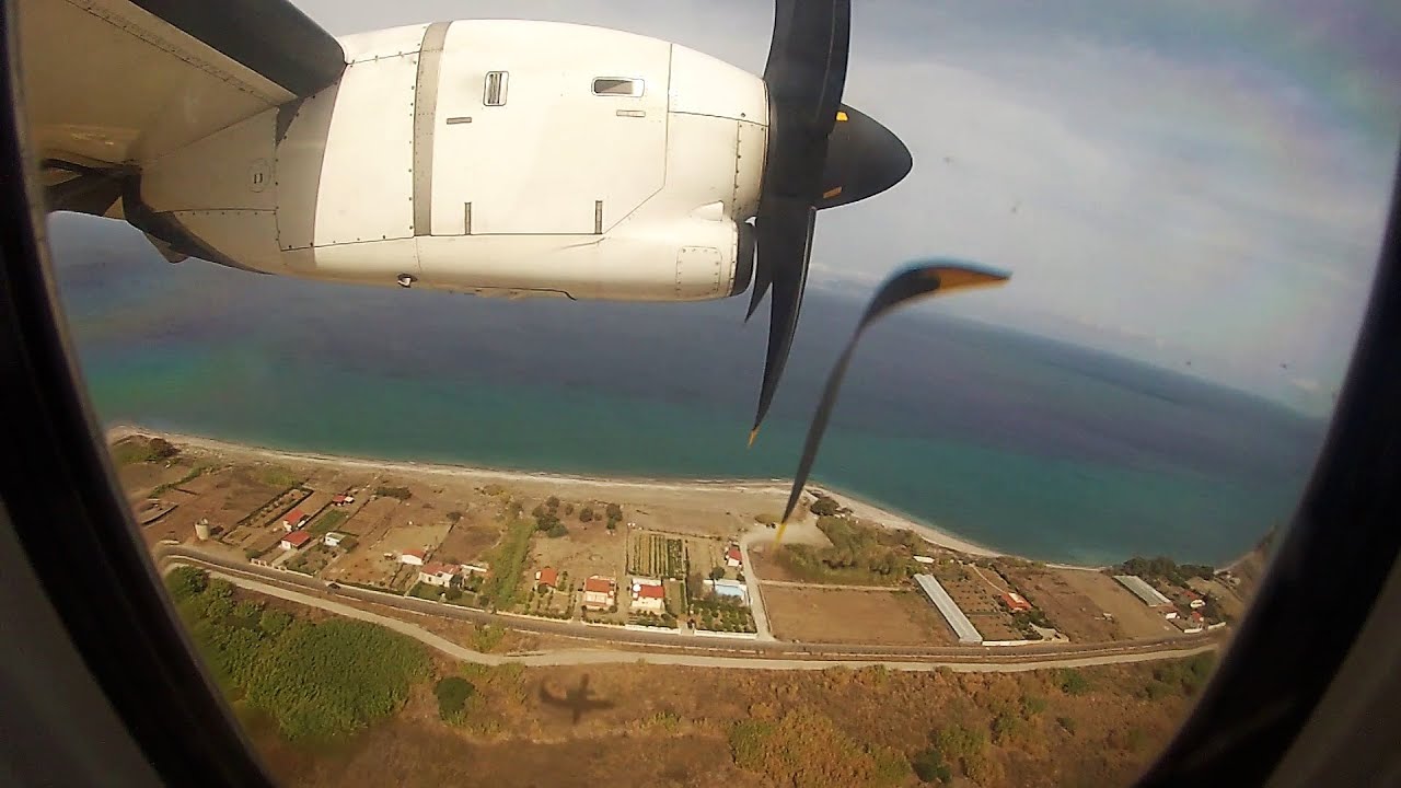 Sky Express Flight 101 to HERAKLION - GoPro Engine View - RHO Takeoff, HER Landing on ATR 42-500