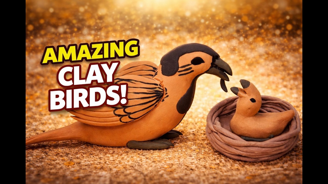 Clay Sparrow Mother Feeding Baby | Miniature Clay | Polymer Clay Sparrow Tutorial مٹی کی چڑیا ماں