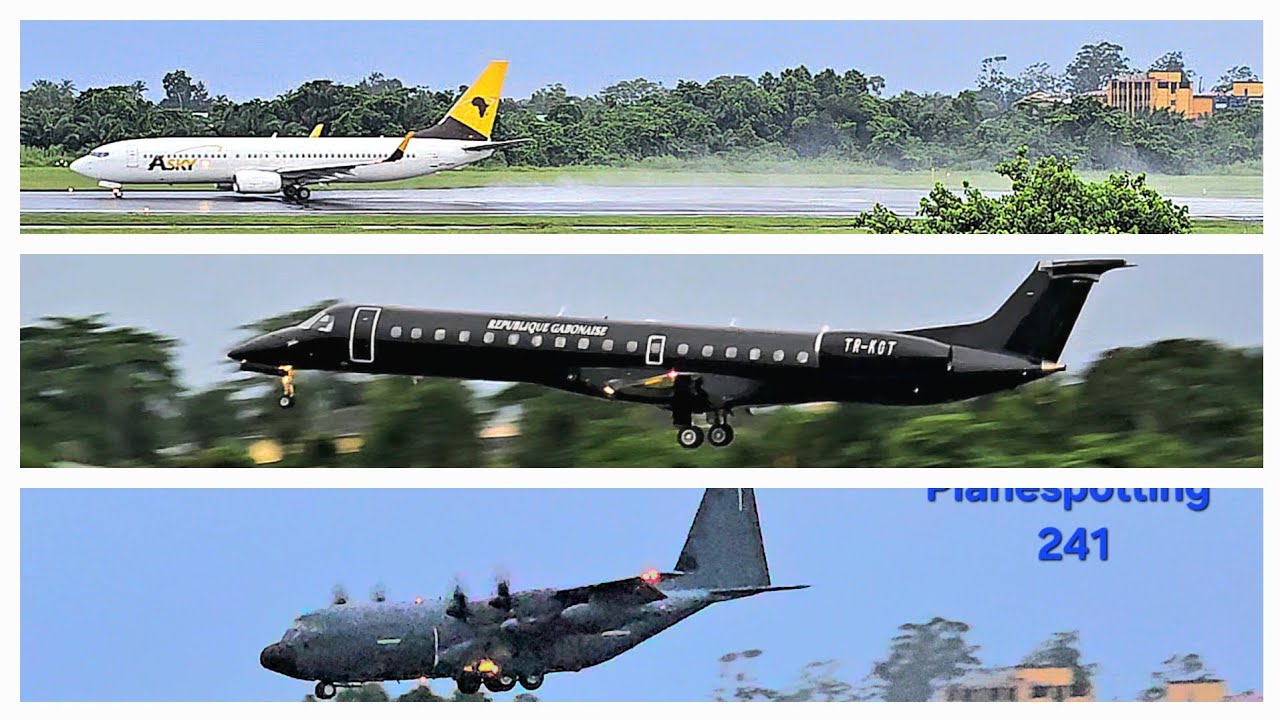 Jour de pluie ! Take off and landing B737, Embraer E145 , lockeed 130J at Libreville