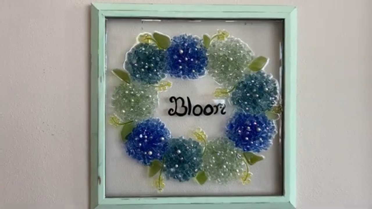 # 66 CRUSHED GLASS ART, GOG, HYDRANGEAS ,BROKEN GLASS FLOWERS & RESIN, GLASS ON GLASS.