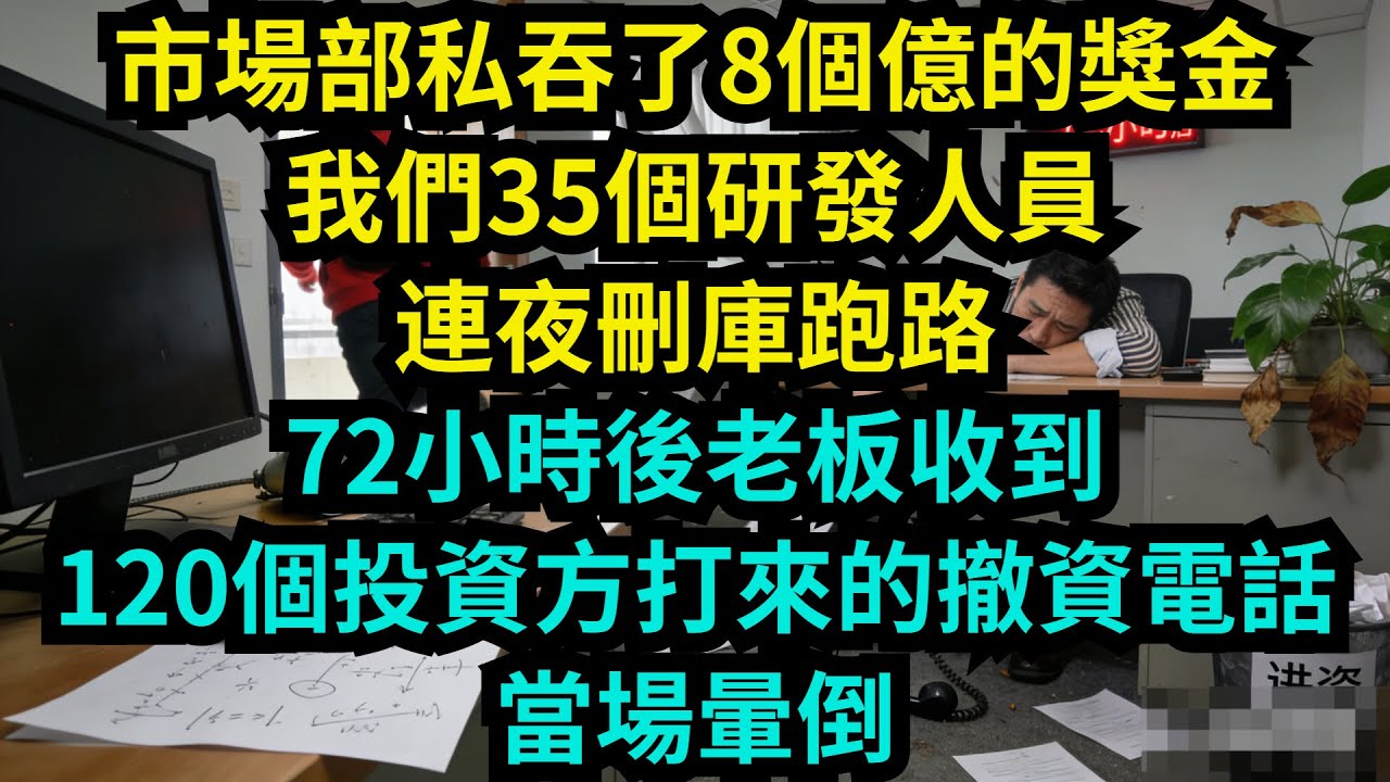 市场部私吞了8个亿的奖金，我们35个研发人员连夜删库跑路，72小时后老板收到120个投资方打来的撤资电话，当场晕倒【奇聞秘事】#奇聞#秘事#故事 #职场 #职场故事 #奖金