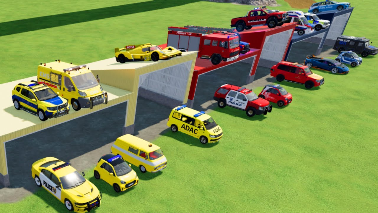 TRANSPORTING CARS, AMBULANCE, POLICE CARS, FIRE TRUCK OF COLORS! WITH TRUCKS! - FS 22