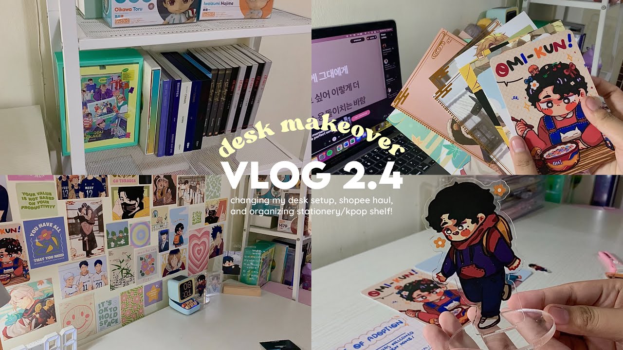 🍡 desk makeover vlog: changing my desk setup, shopee haul, and organizing stationery/kpop shelf!