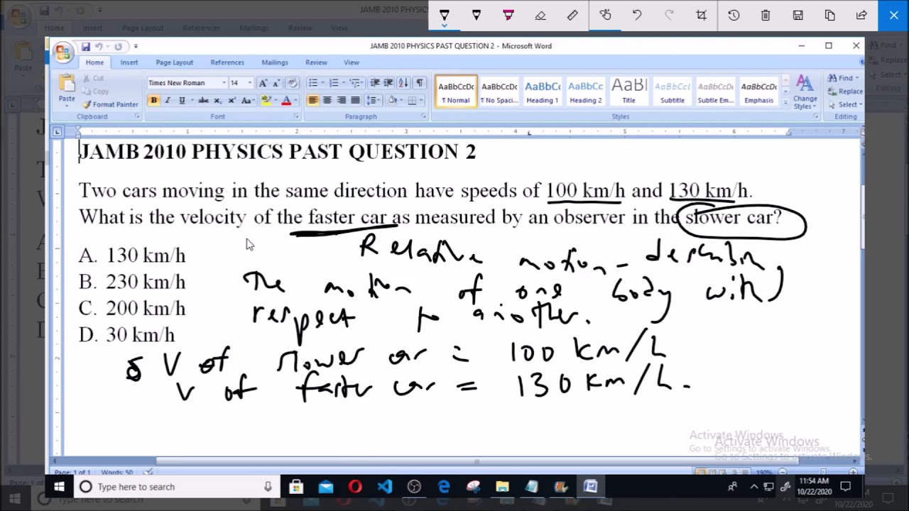 JAMB 2010 PHYSICS PAST QUESTION 2 Relative Motion