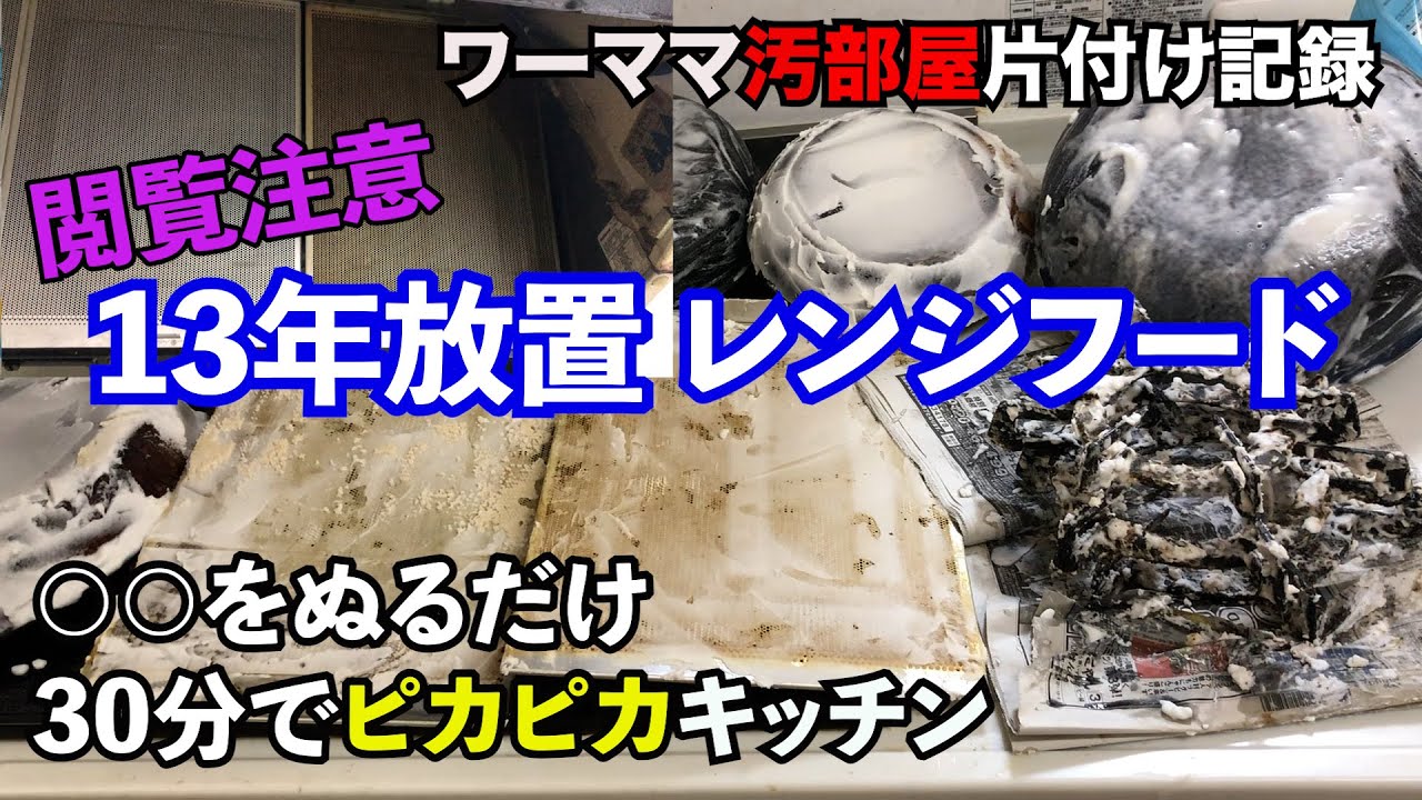 【汚部屋片付け記録】13年放置レンジフード掃除　ギトギトが○○を塗るだけで30分でピカピカに！！キッチン掃除