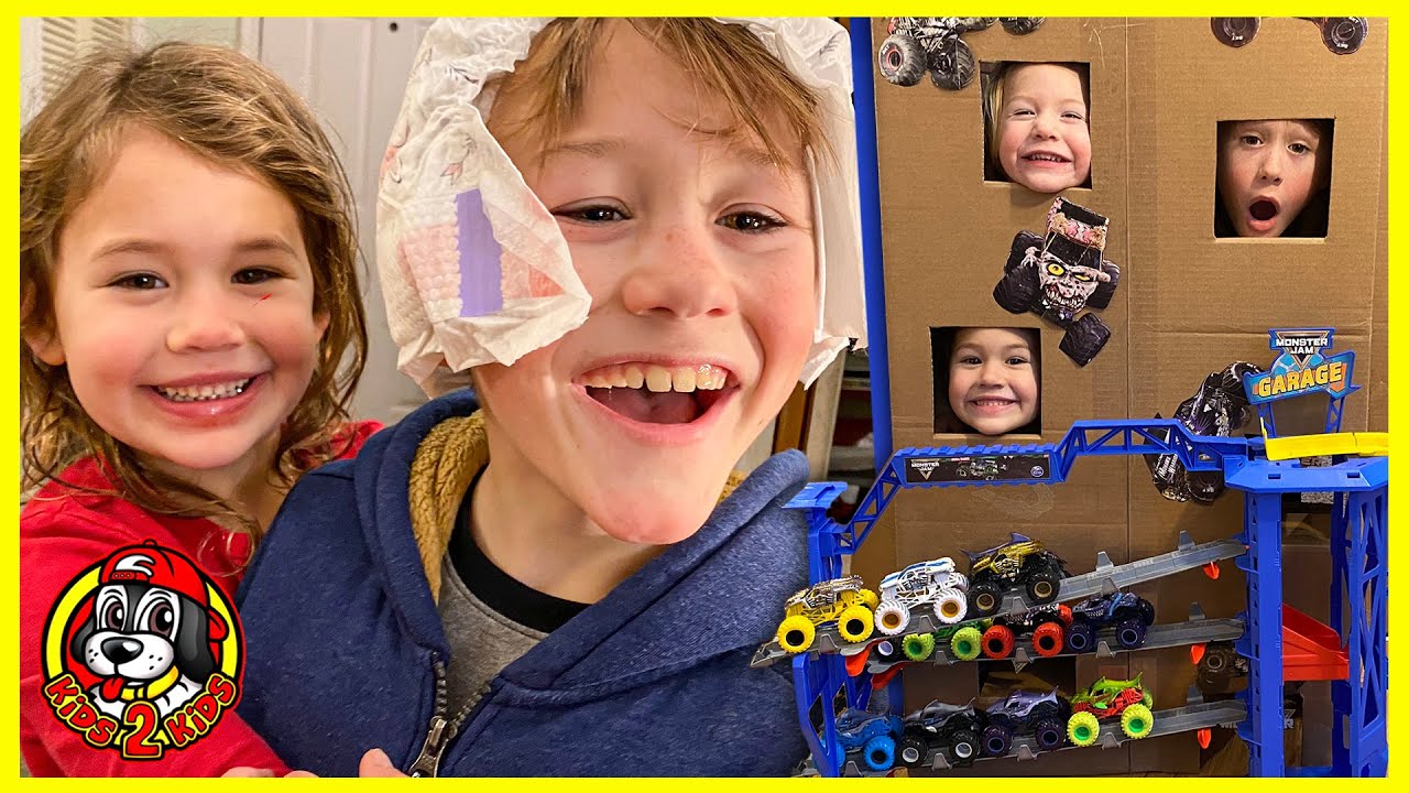 KID GAMES - Monster Jam Garage LAUNCHER CHALLENGE (Brother Vs Sister Funny Dares!)