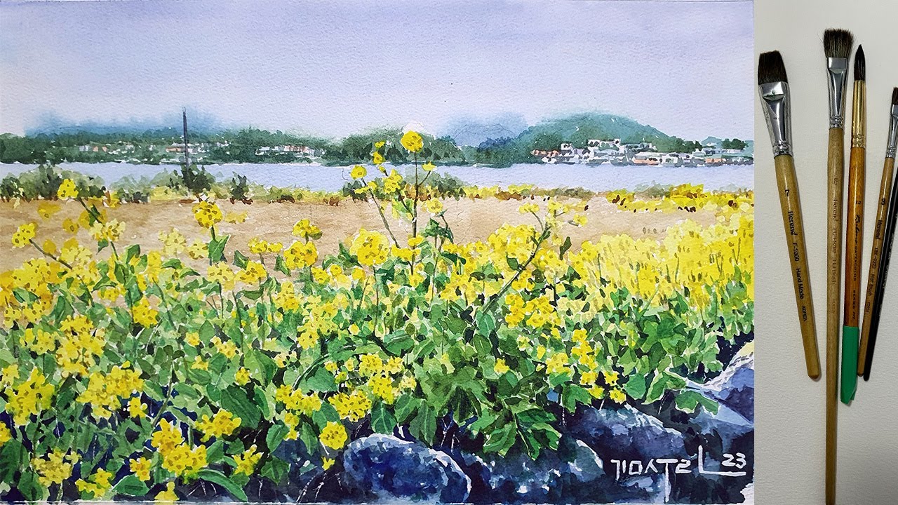 Watercolor Rapeseed Flowers Landscape Painting