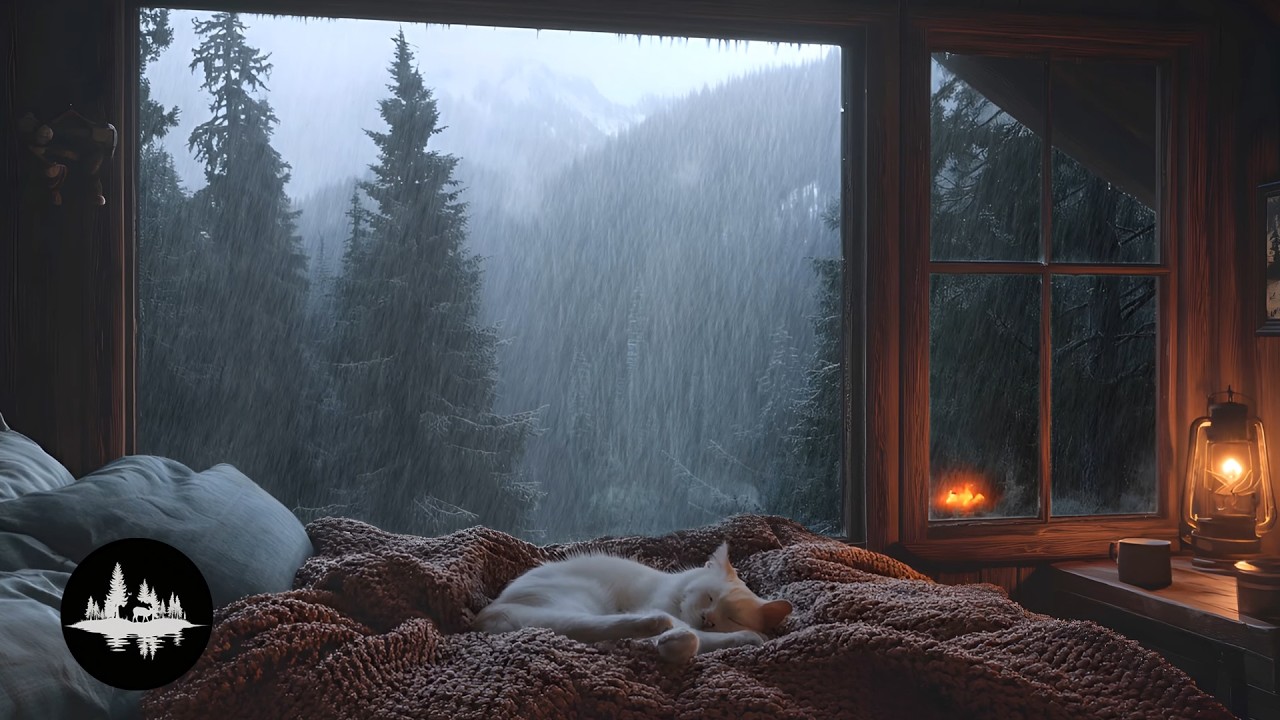 Finding Comfort in the Storm 🌲 Secluded Cabin Bedroom & Sleeping Cat ASMR
