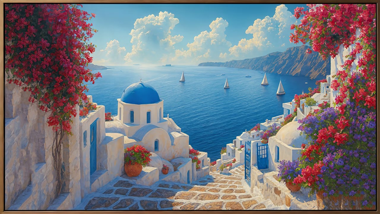 Santorini: Greece&rsquo;s Paradise of Blue Seas | The Art Corner TV 4K | Gold framed vintage | Screensaver