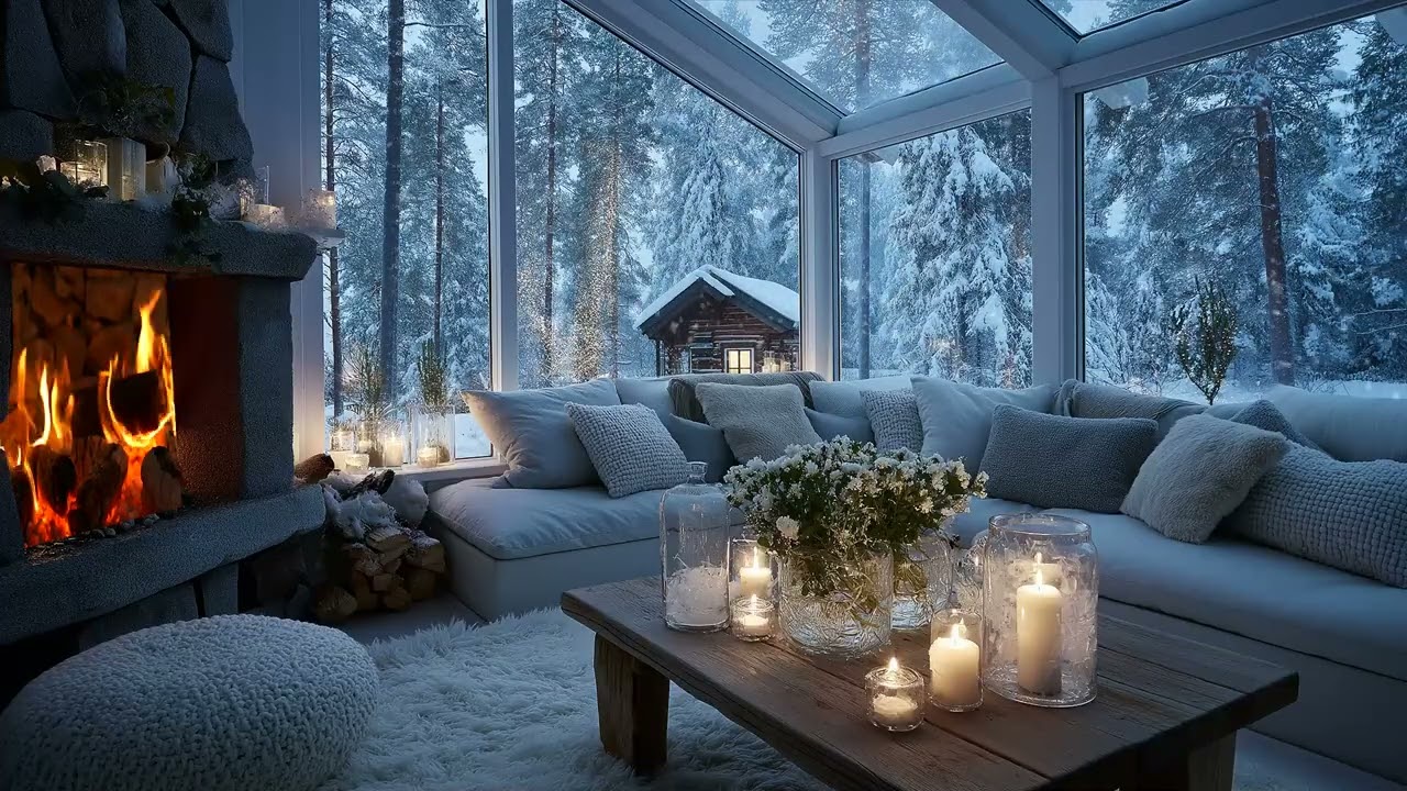 Winter Dream Piano Lounge 🎹| White Lounge with Flowers and Snowfall | 5 Hours Calm Chill Relax Focus