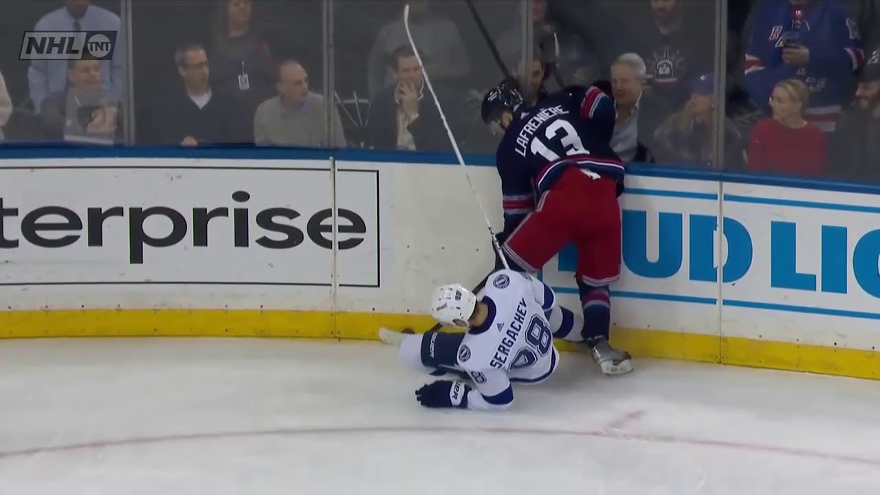 Mikhail Sergachev gets serious leg injury in collision with Lafreniere vs Rangers (7 feb 2024)