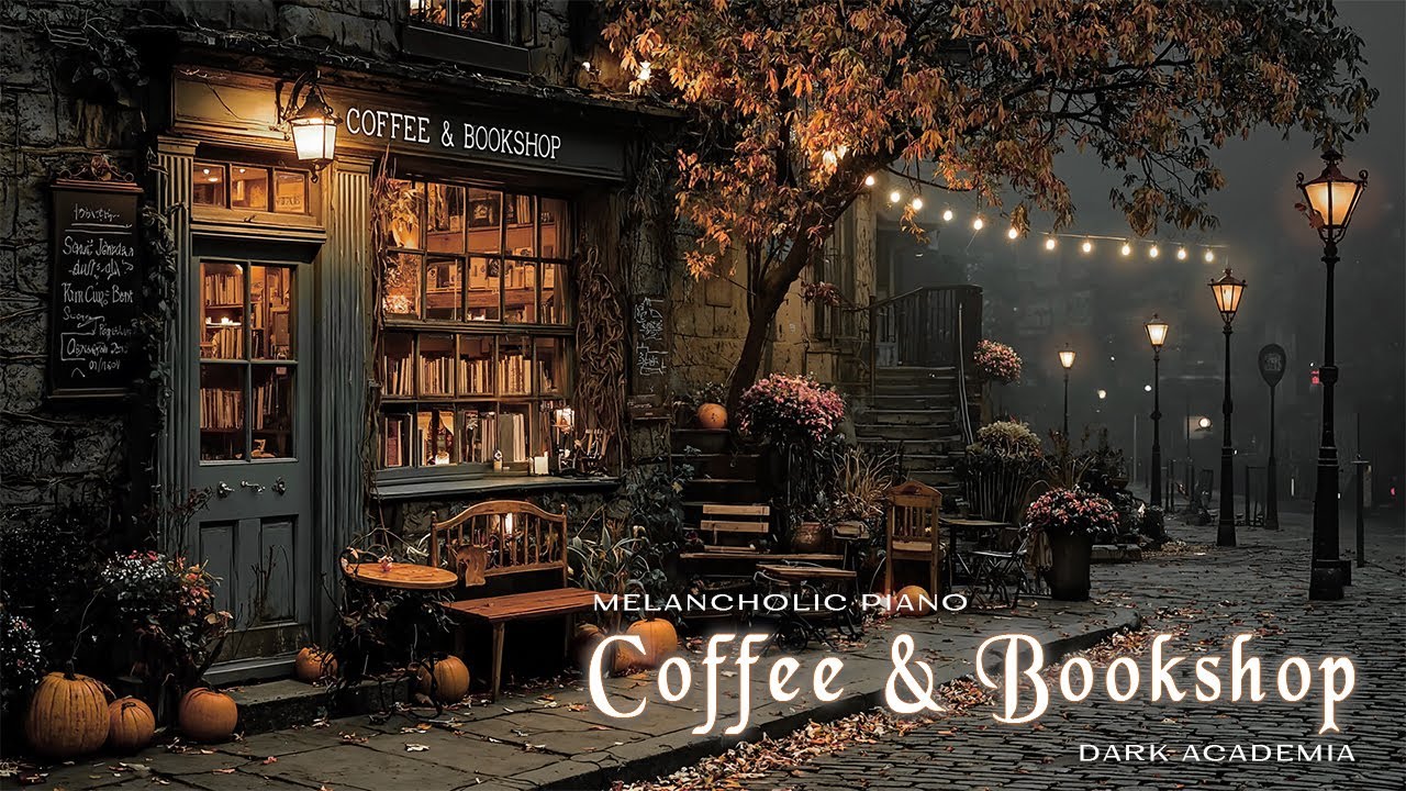 Sad Rain in Autumn at Coffee & Bookshop | Melancholic Piano & Violin Sound | Relaxing Dark Academia
