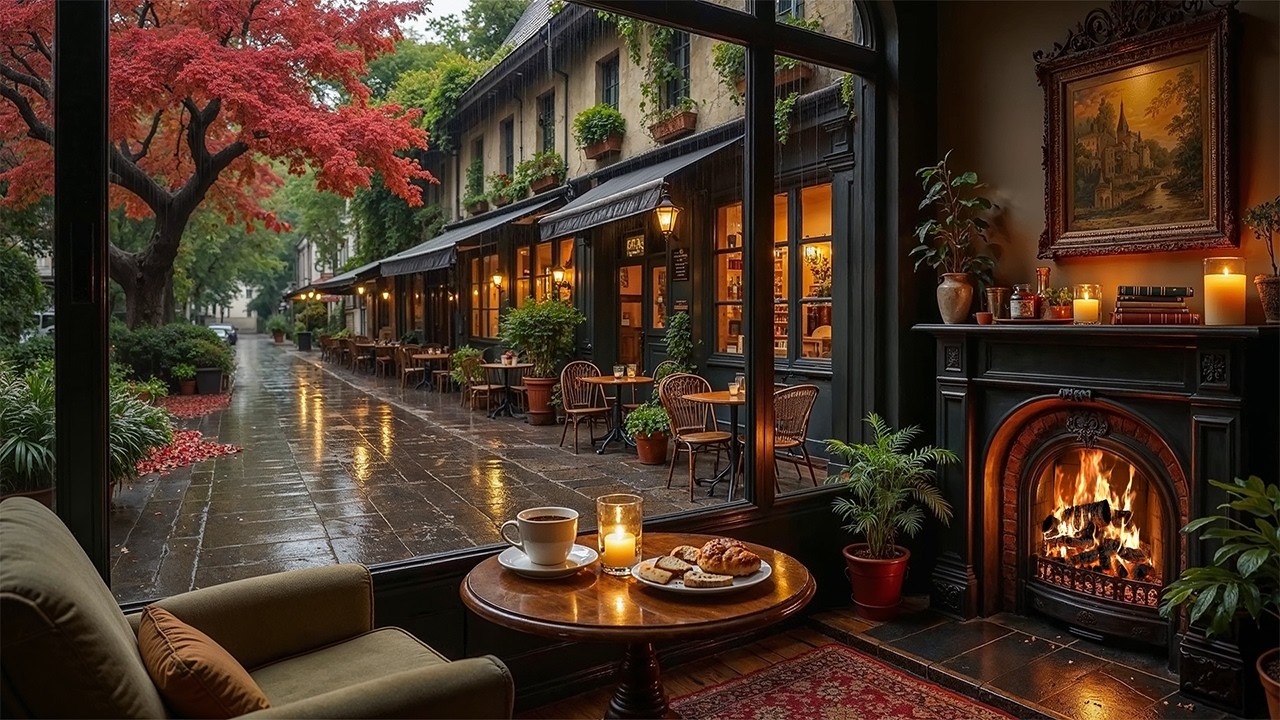 Warm Rainy March Day Cafe ☕ Gentle Jazz Piano with Rain & Fireplace Sounds for Study & Work