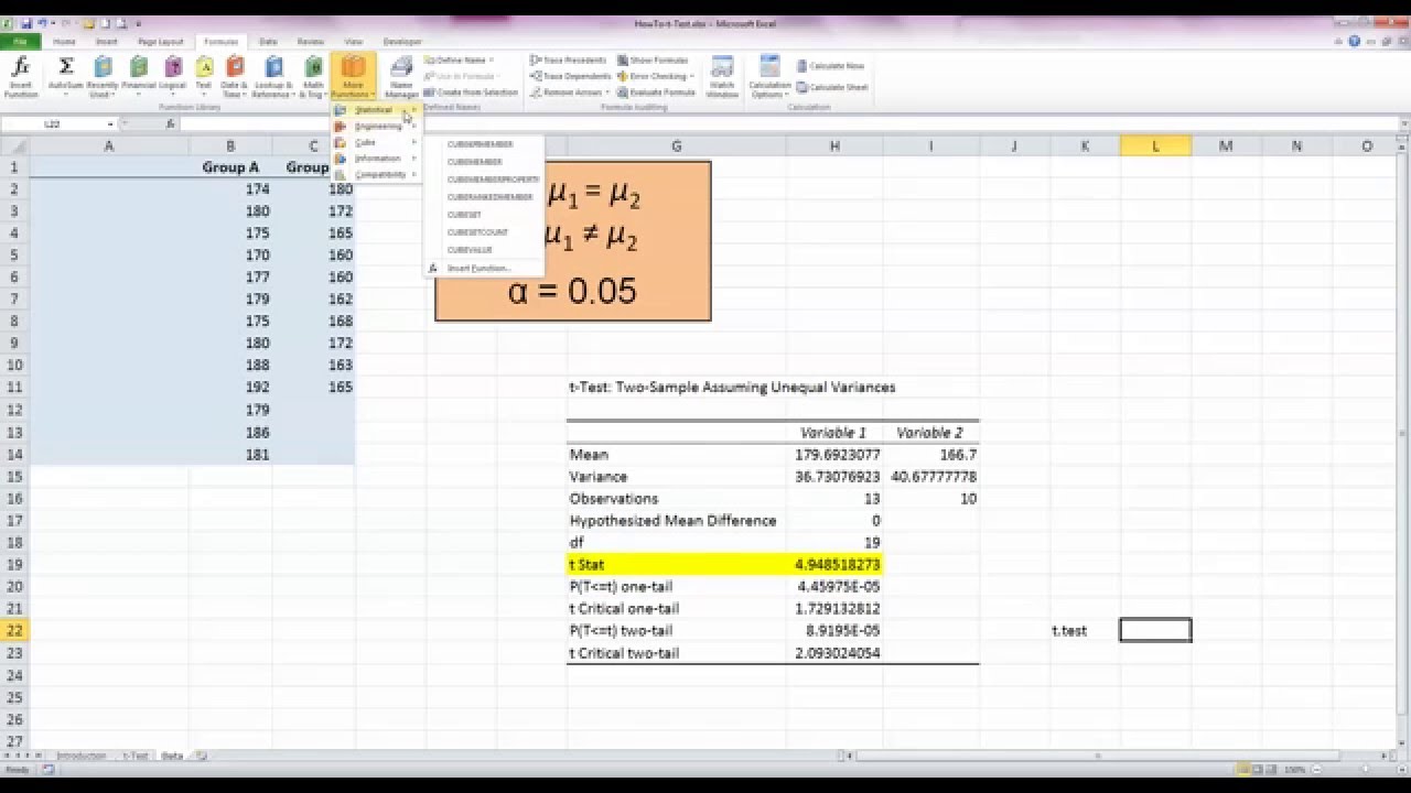 How To... Calculate Student's t-Statistic (Independent Samples) Using Data Analysis in Excel 2010