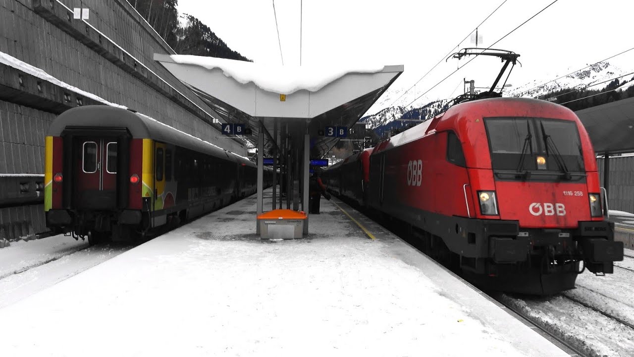 Arlbergbahn:⛄St. Anton am Arlberg: Bahnverkehr im Schnee m. Güterzug, EC Transalpin, IC118 & Railjet