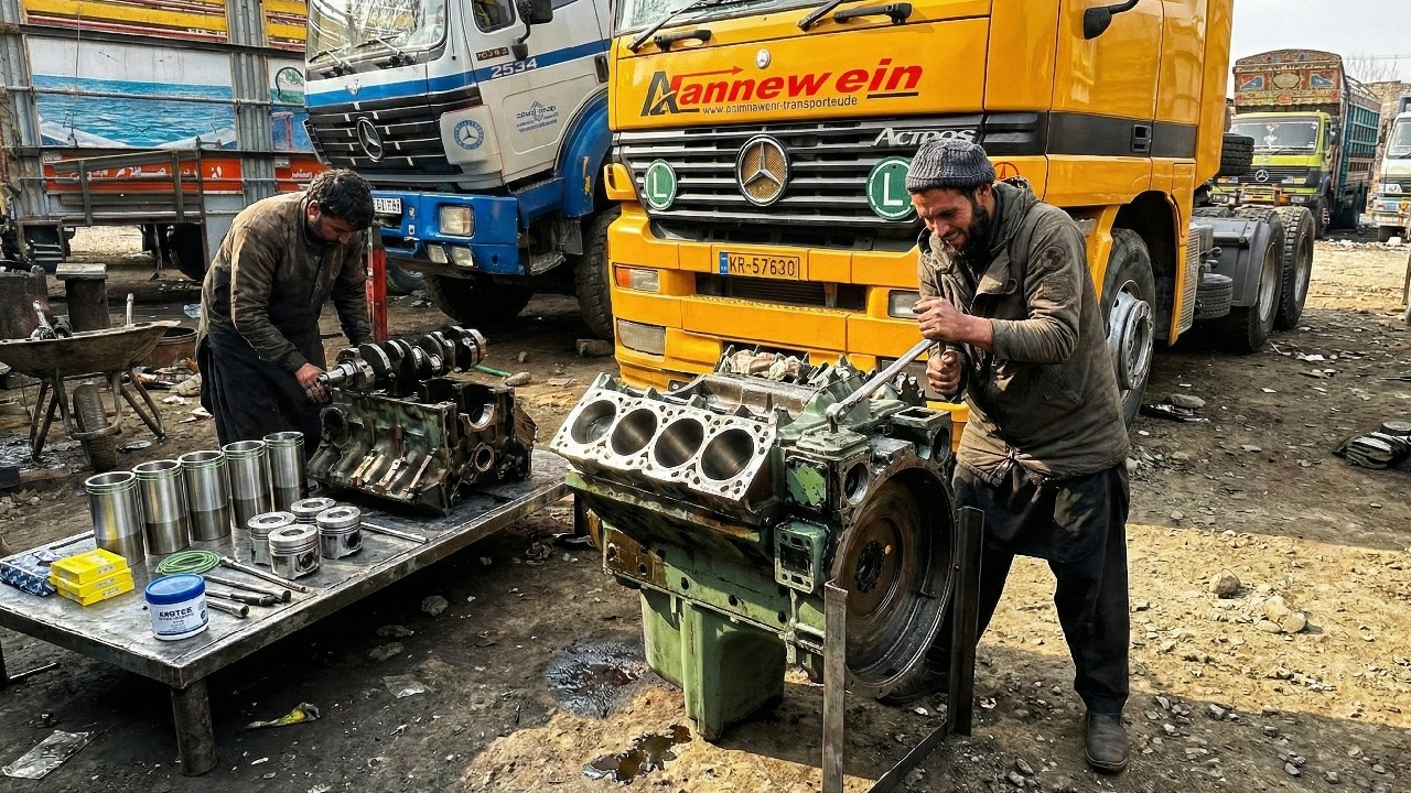 Afghaan Family of Mechanics Demonstrates How to Rebuild V8 Mercedes Engine with basic Tools