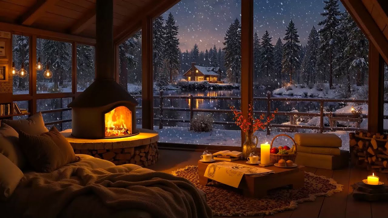 Snowy Night at Cozy Room Ambience with Smooth Jazz Music 🔥 Fireplace Sounds & Snowfall to Sleep