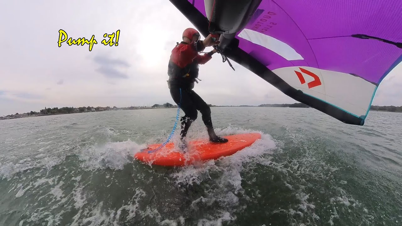 Wing Foiling: Determined light wind pumping on to foil