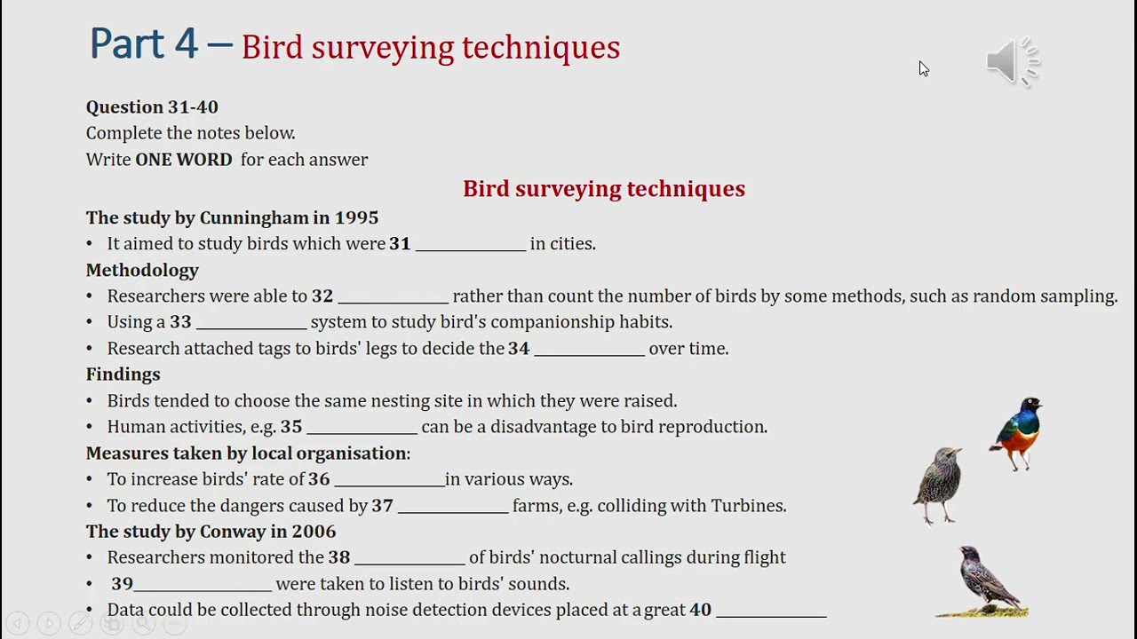 IELTS listening actual test Part 4: bird surveying techniques (answer+ transcript)