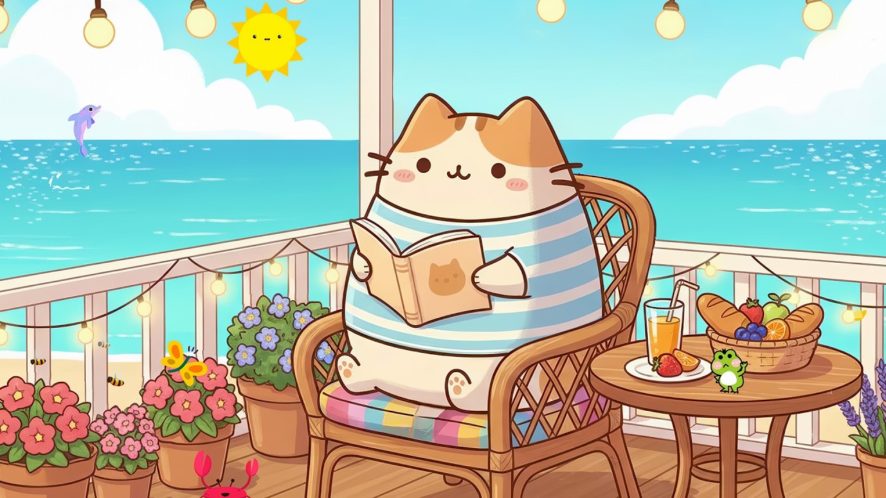Pusheen’s Seaside Study Balcony 🌊 Summer Lofi Cat ☀️Chill Lofi for Reading & Relaxing