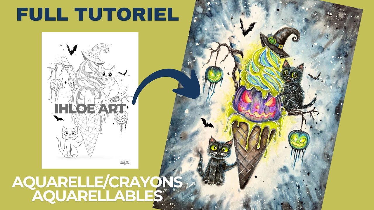 Tuto coloriage la glace citrouille , aquarelle et crayons aquarellables, illustration de ihloé art